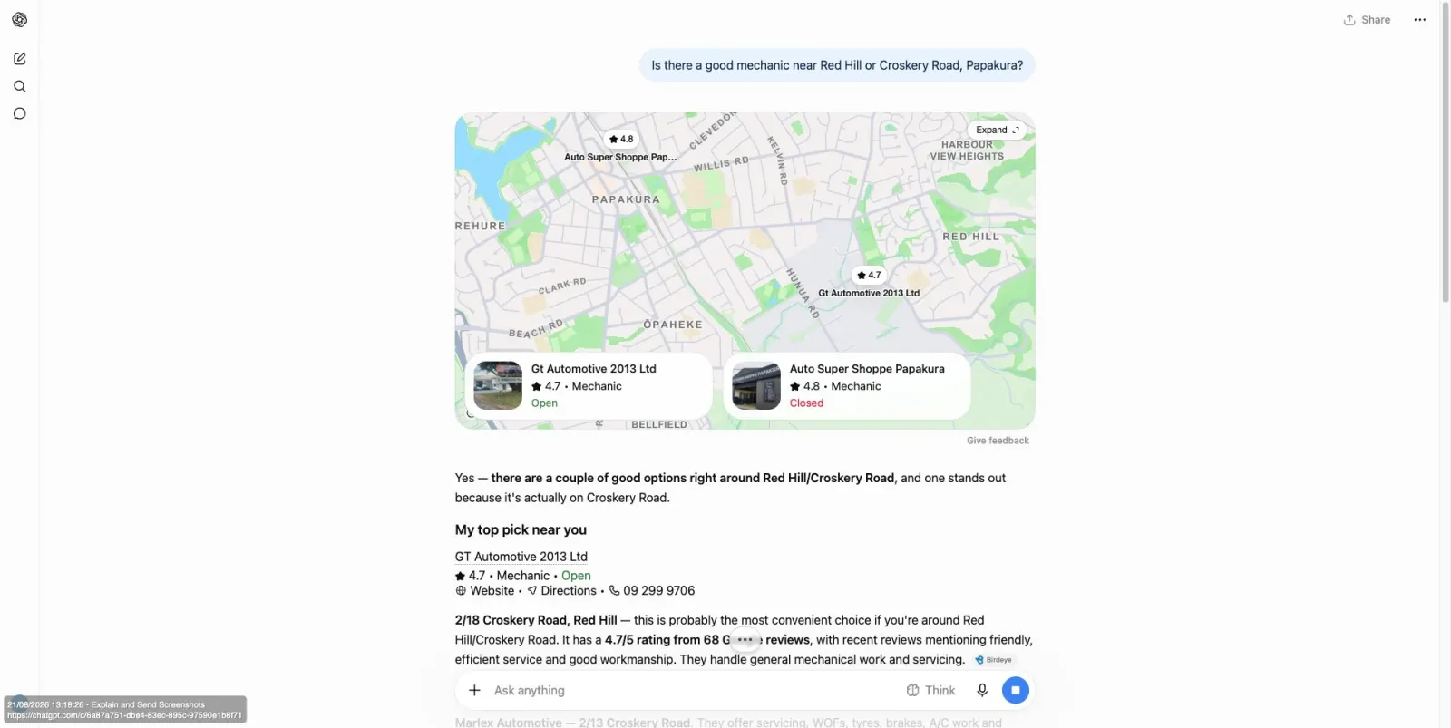 ChatGPT recommending GT Automotive at 2/18 Croskery Road