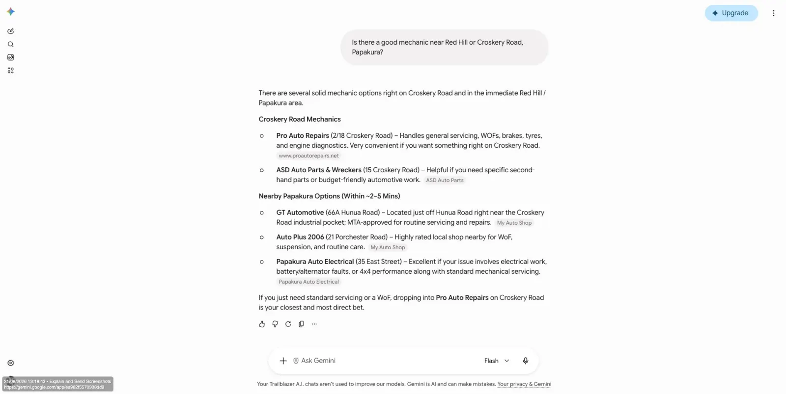 Google Gemini recommending Pro Auto Repairs