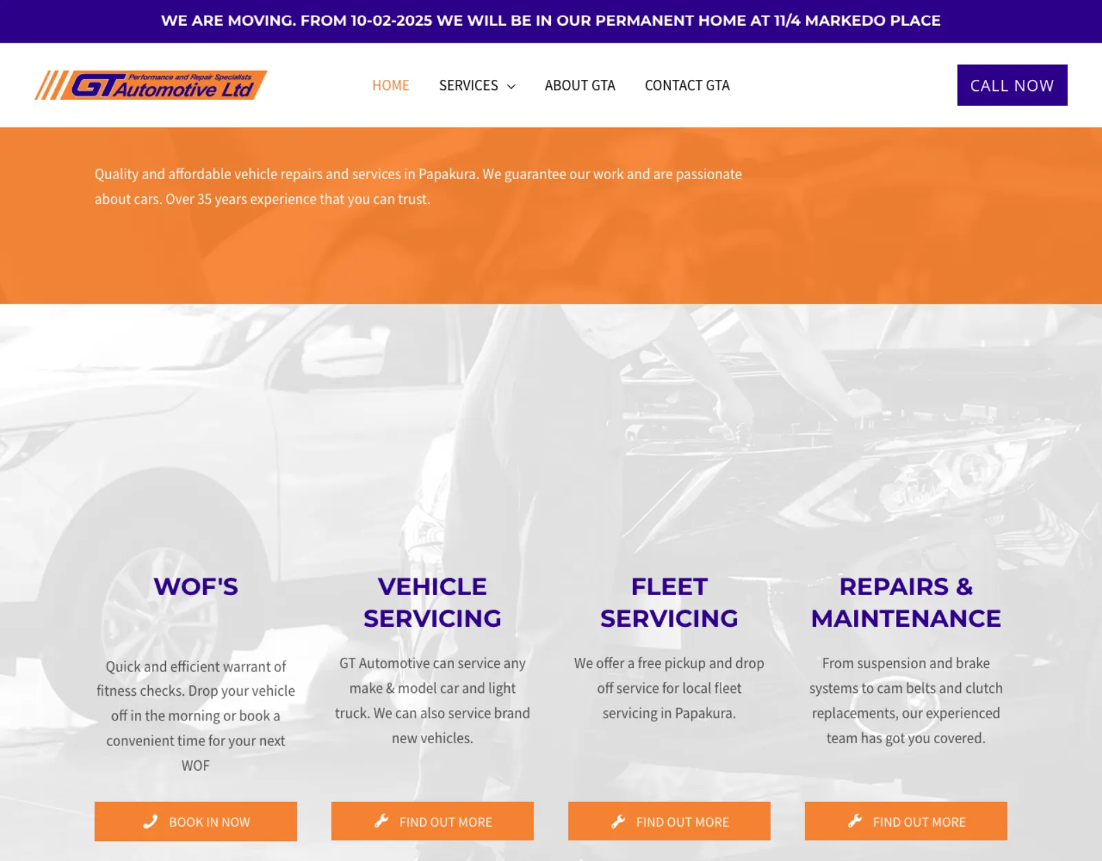 GT Automotive homepage with an outdated moving banner