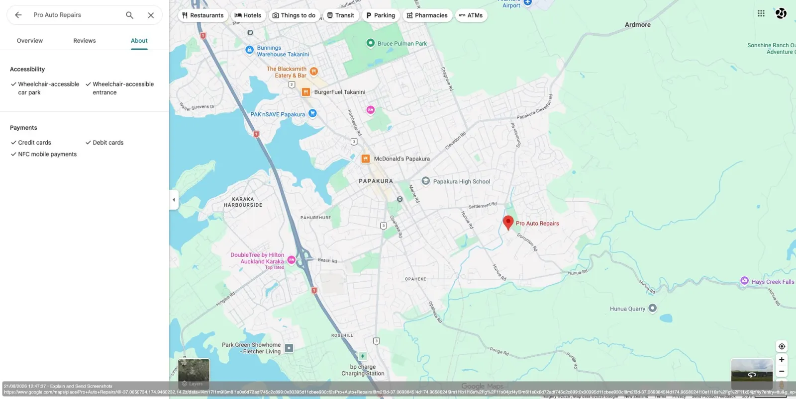 Google Business Profile About tab showing only accessibility and payment information