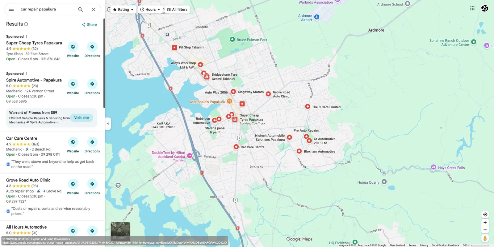 Google Maps results for car repair papakura