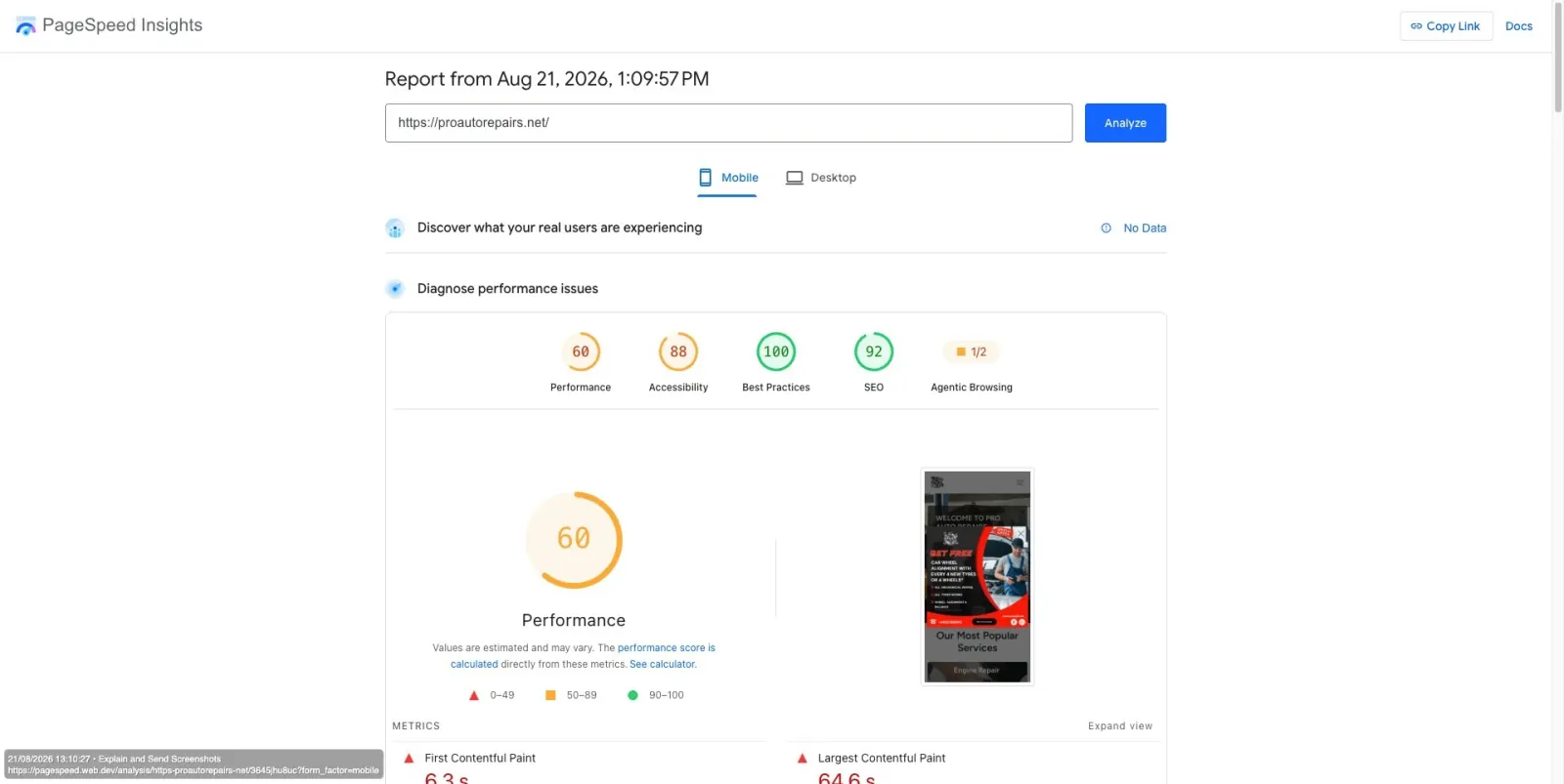 Google PageSpeed Insights mobile result showing 60 for performance