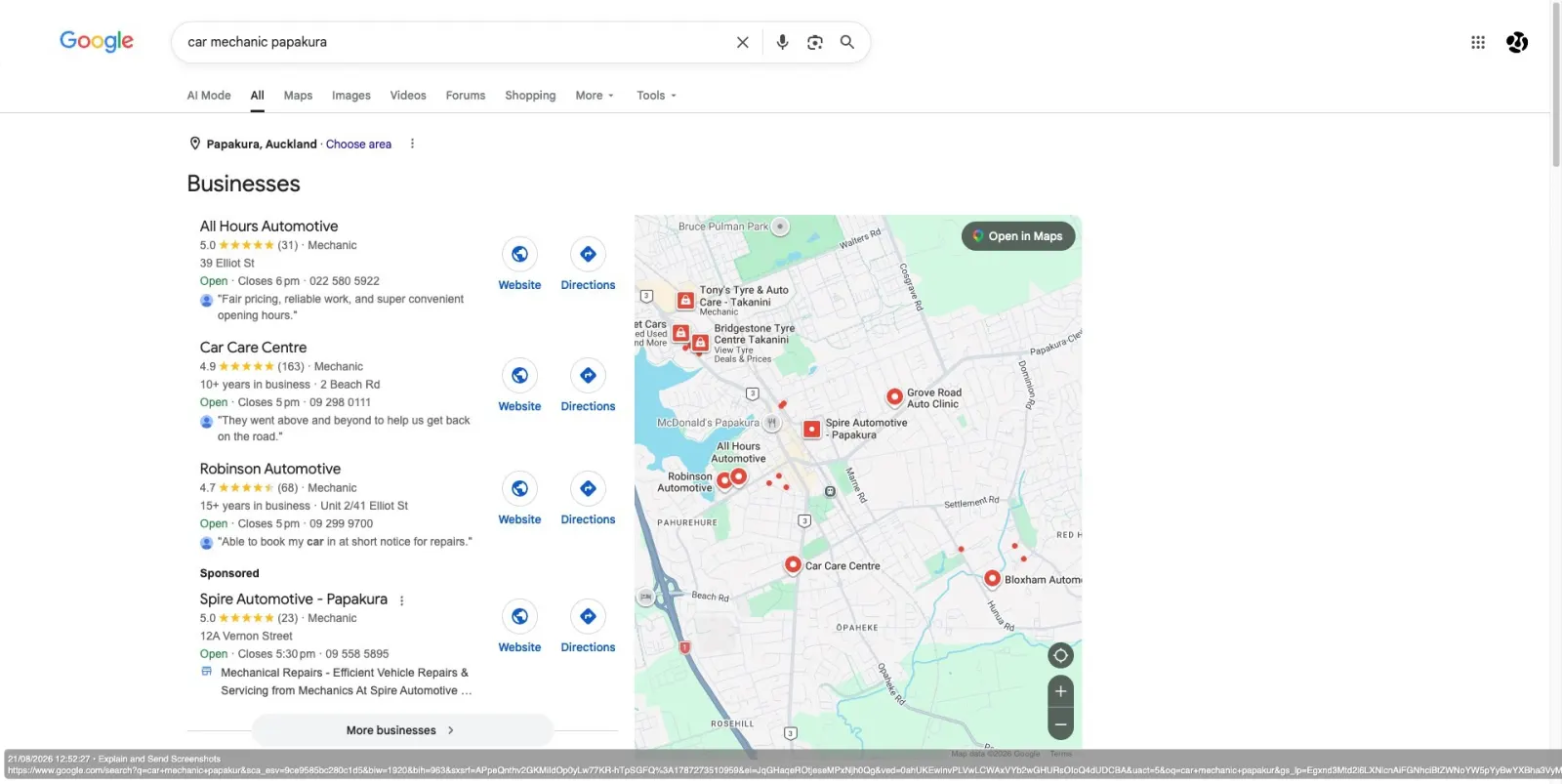Google search results for car mechanic papakura