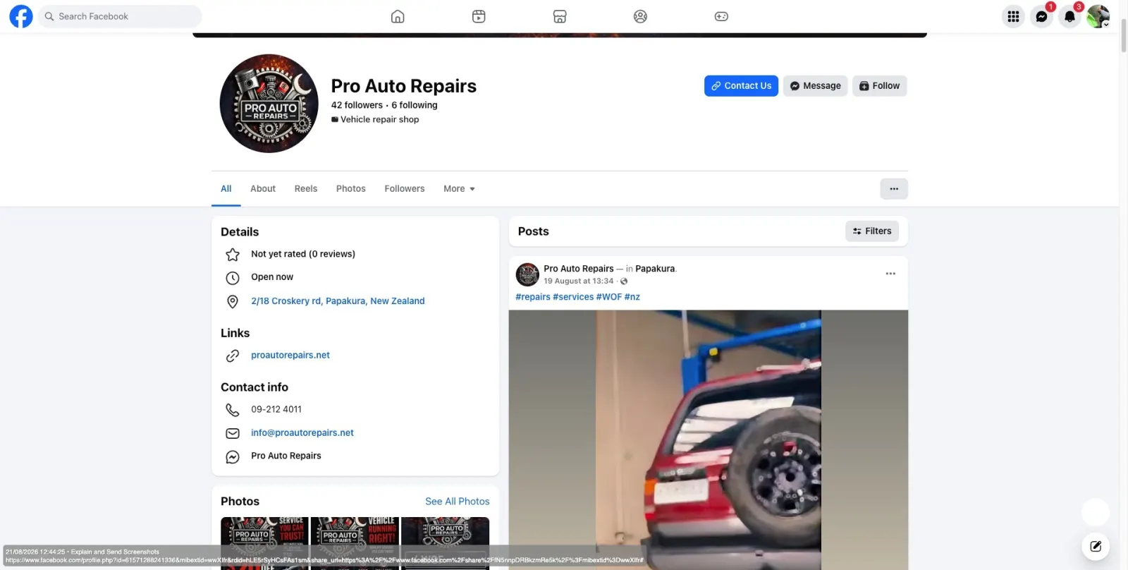 Pro Auto Repairs Facebook page