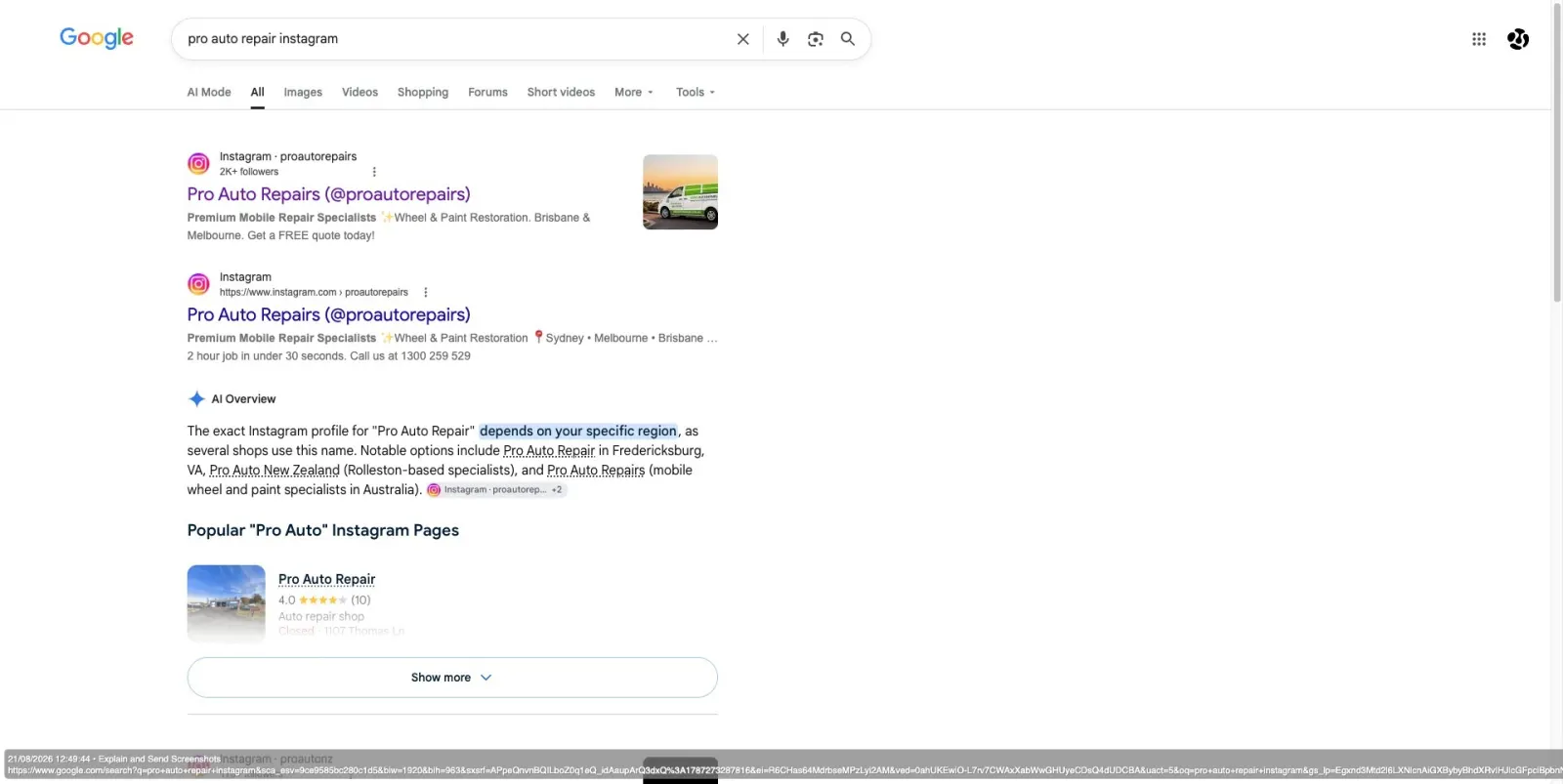 Google results showing an Australian business for pro auto repair instagram