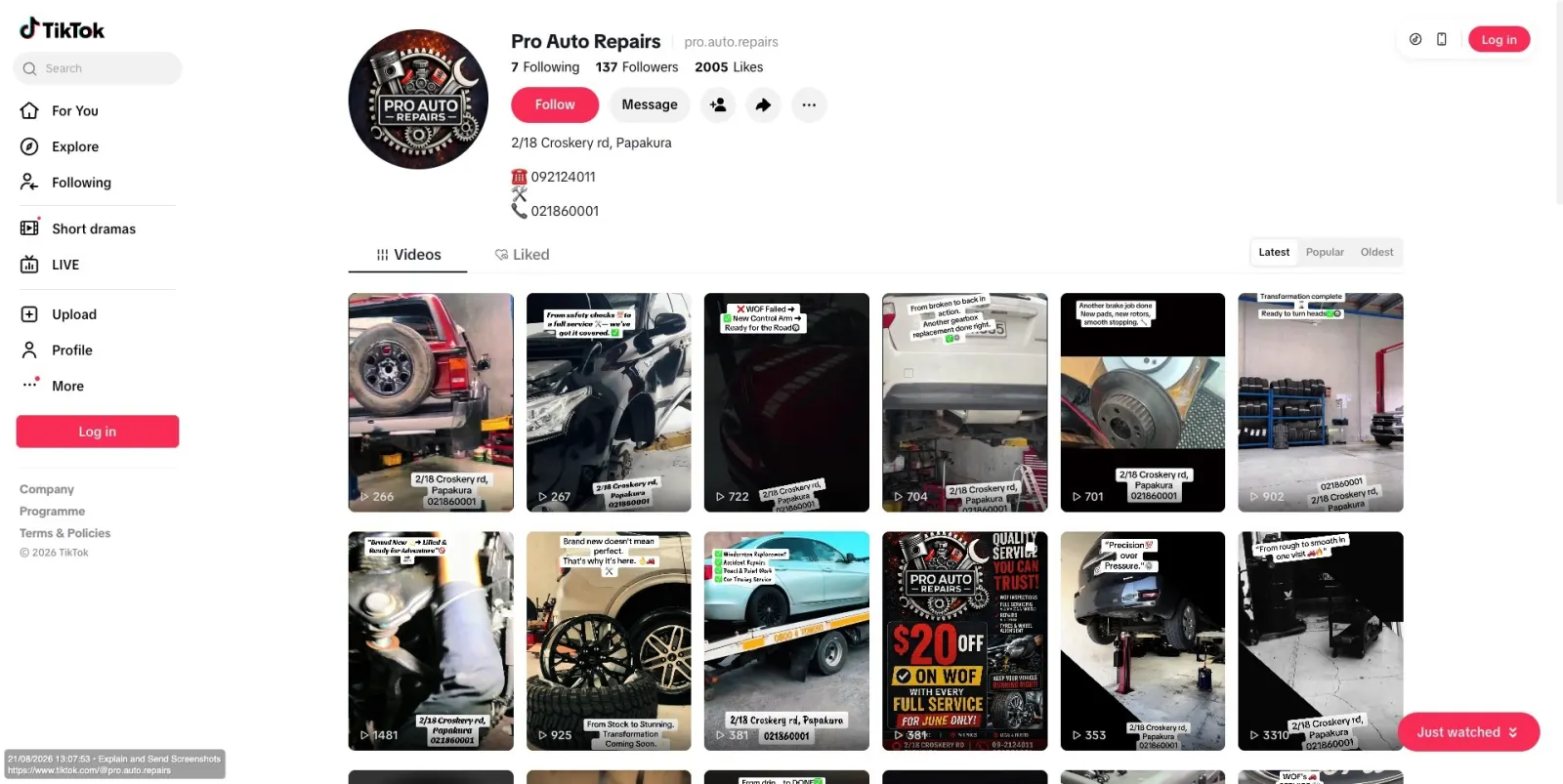 Pro Auto Repairs TikTok profile with 63 videos